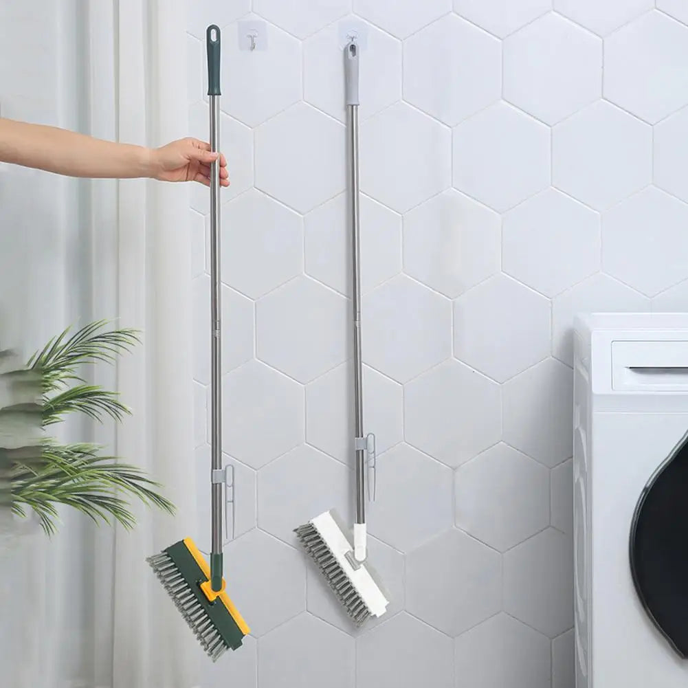 Rotatable Floor Scrub Brush Cleaning Tool With Long Handle Grout Brush Scrape V-Shape Stiff Bristle Cleaning Brush With Squeegee