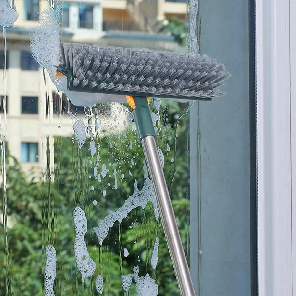 Rotatable Floor Scrub Brush Cleaning Tool With Long Handle Grout Brush Scrape V-Shape Stiff Bristle Cleaning Brush With Squeegee